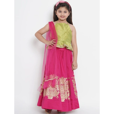 Bitiya by Bhama Girls Fuchsia & Green Solid Ready to Wear Lehenga & Blouse with Dupatta