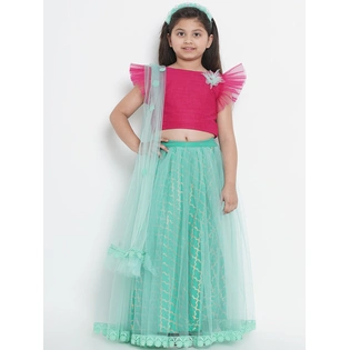 Bitiya by Bhama Girls Sea Green & Pink Solid Ready to Wear Lehenga & Blouse with Dupatta