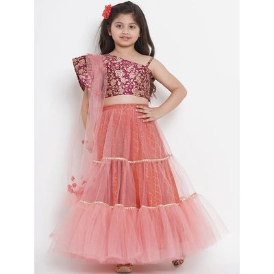 Bitiya by Bhama Girls Peach-Coloured & Burgundy Printed Ready to Wear Lehenga & Blouse with Dupatta