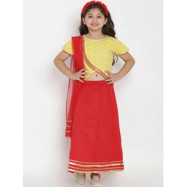 Bitiya by Bhama Girls Yellow & Red Printed Ready to Wear Lehenga & Blouse with Dupatta