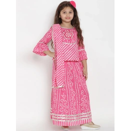 Bitiya by Bhama Girls Pink & White Printed Ready to Wear Lehenga & Blouse with Dupatta