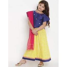 Bitiya by Bhama Girls Blue & Yellow Solid Ready to Wear Lehenga & Blouse with Dupatta