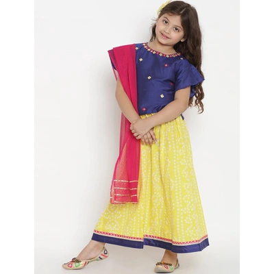 Bitiya by Bhama Girls Blue & Yellow Solid Ready to Wear Lehenga & Blouse with Dupatta