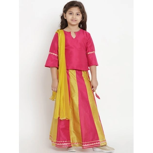 Bitiya by Bhama Girls Fuchsia & Mustard Solid Ready to Wear Lehenga & Blouse with Dupatta