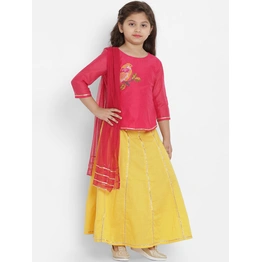 Bitiya by Bhama Girls Yellow & Yellow Solid Ready to Wear Lehenga & Blouse with Dupatta