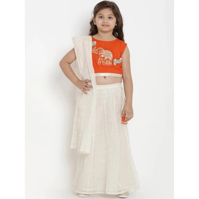 Bitiya by Bhama Girls Off-White & Orange Solid Ready to Wear Lehenga & Blouse with Dupatta