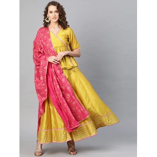 Bhama Couture Mustard Yellow & Pink Solid Lehanga Choli With Dupatta