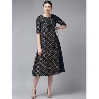 Bhama Couture Women Navy Blue & Golden Printed Angrakha A-Line Dress