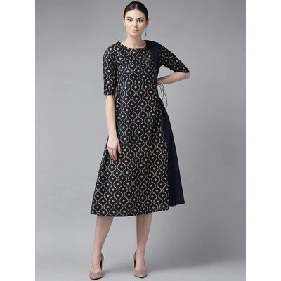 Bhama Couture Women Navy Blue & Golden Printed Angrakha A-Line Dress