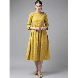 Bhama Couture Women Mustard Yellow & Golden Printed A-Line Dress