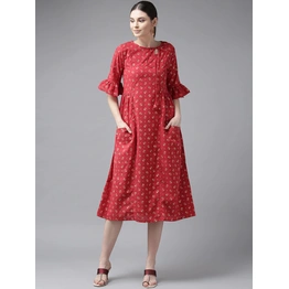 Bhama Couture Women Red & Golden Printed A-Line Dress