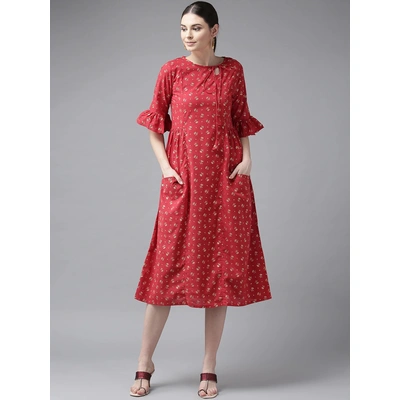 Bhama Couture Women Red & Golden Printed A-Line Dress