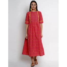 Bhama Couture Women Reddish Pink Checked Fit and Flare Dress