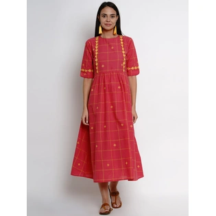 Bhama Couture Women Reddish Pink Checked Fit and Flare Dress