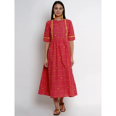 Bhama Couture Women Reddish Pink Checked Fit and Flare Dress