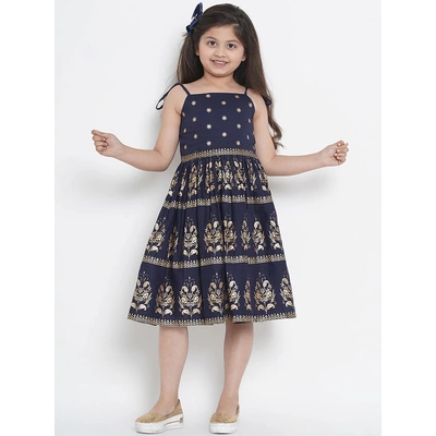 Bitiya by Bhama Girls Navy Blue Printed Fit and Flare Dress