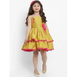 Bitiya by Bhama Girls Mustard Yellow Self Design Fit and Flare Dress