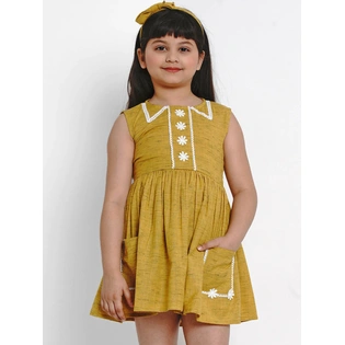 Bitiya by Bhama Girls Mustard Yellow Solid Fit and Flare Dress