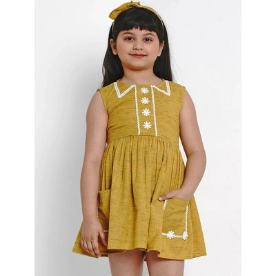 Bitiya by Bhama Girls Mustard Yellow Solid Fit and Flare Dress