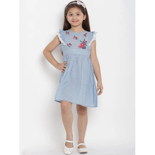 Bitiya by Bhama Girls Blue Solid Chambray Fit and Flare Dress