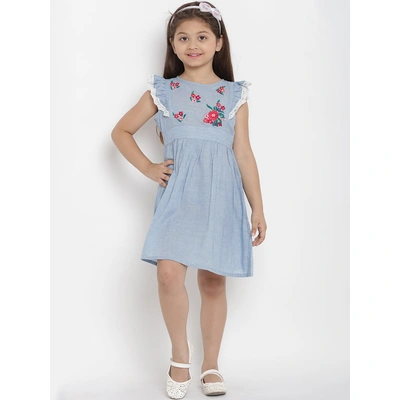 Bitiya by Bhama Girls Blue Solid Chambray Fit and Flare Dress