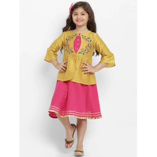 Bitiya by Bhama Girls Yellow & Pink Floral Fit and Flare Dress