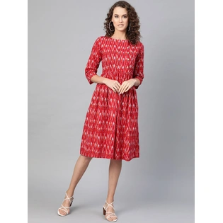 Bhama Couture Women Red & White Ikat Print A-Line Dress