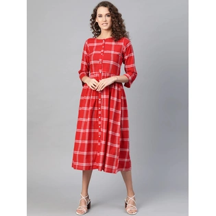 Bhama Couture Women Red Checked A-Line Dress