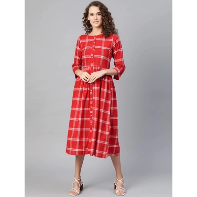 Bhama Couture Women Red Checked A-Line Dress