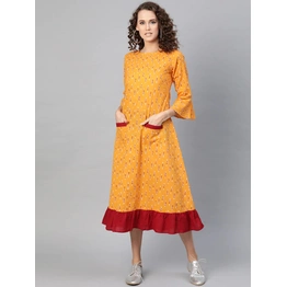 Bhama Couture Women Yellow & Maroon Ikat Print A-Line Dress