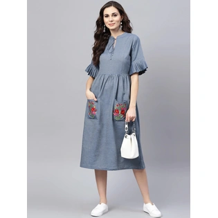 Bhama Couture Women Blue Solid Denim Fit & Flare Dress