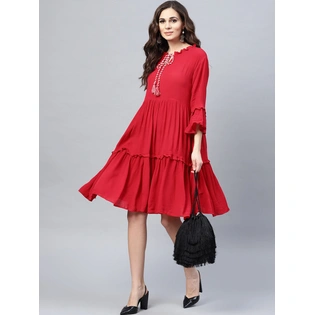 Bhama Couture Women Red Solid Tiered A-Line Dress