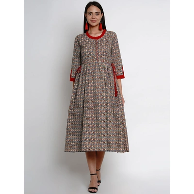 Bhama Couture Women Beige & Blue Printed Fit and Flare Ethnic Dress