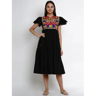 Bhama Couture Women Black Embroidered A-Line Dress