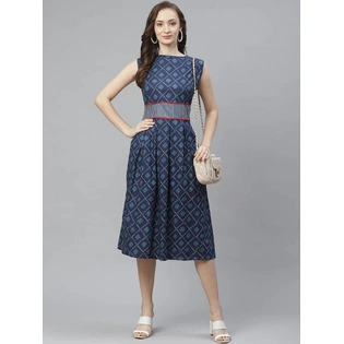 Bhama Couture Women Navy & White Printed A-Line Dress