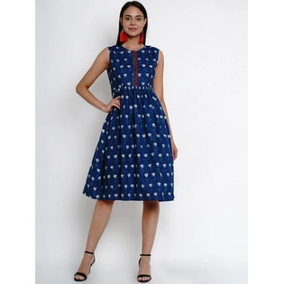 Bhama Couture Women Blue Floral Print Fit and Flare Dress