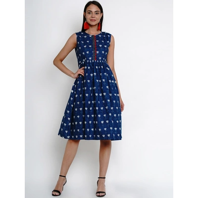 Bhama Couture Women Blue Floral Print Fit and Flare Dress