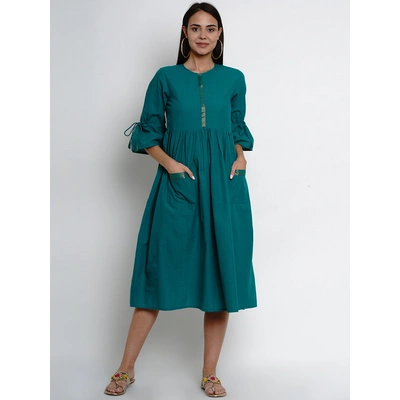 Bhama Couture Women Teal Green Solid Fit and Flare Dress