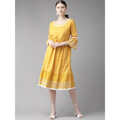 Bhama Couture Women Mustard Yellow Solid A-Line Dress