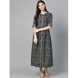 Bhama Couture Women Navy Blue & Olive Green Ethnic Printed A-Line Dress