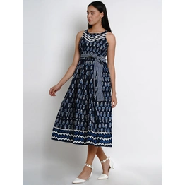 Bhama Couture Women Navy Blue & White Printed Fit and Flare Dress