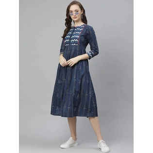 Bhama Couture Women Navy Blue & White Printed A-Line Dress