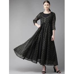 Bhama Couture Women Black & Golden Self Design Layered Maxi Dress