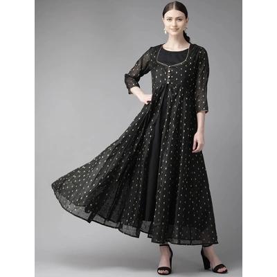 Bhama Couture Women Black & Golden Self Design Layered Maxi Dress