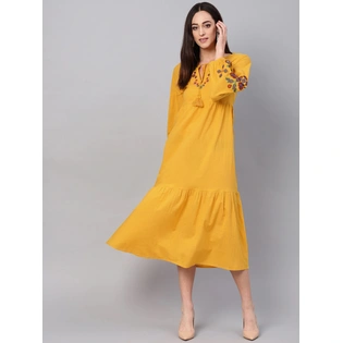 Bhama Couture Women Mustard Yellow Solid Tiered A-Line Dress