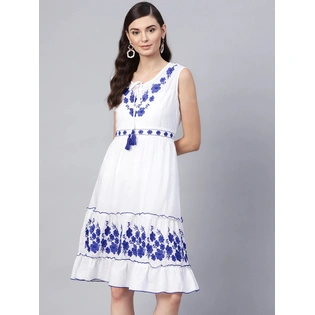 Bhama Couture Women White & Blue Floral Embroidered A-Line Dress