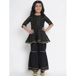 Bitiya by Bhama Girls Black & Gold-Coloured Woven Design Kurta with Sharara