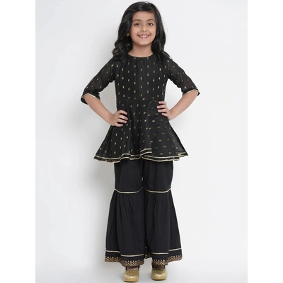 Bitiya by Bhama Girls Black & Gold-Coloured Woven Design Kurta with Sharara