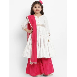 Bitiya by Bhama Girls White & Pink Printed Kurti with Palazzos & Dupatta