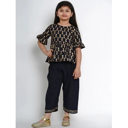 Bitiya by Bhama Girls Navy Blue Printed Kurti with Dhoti Pants